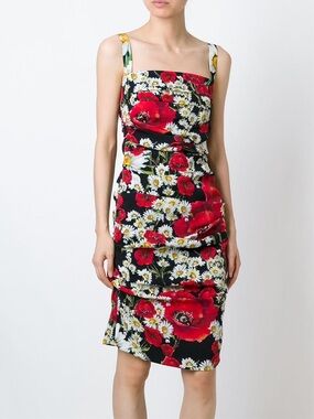Dolce & Gabbana Ruched Floral Midi Dress Poppy Daisy IT 44 US 8/10